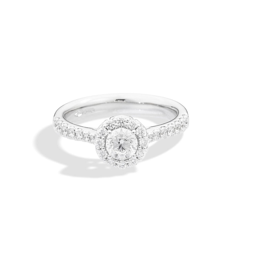 ANELLI RECARLO MOD. R01SC018_063-13 diamond halo ring with pavé band on white background.