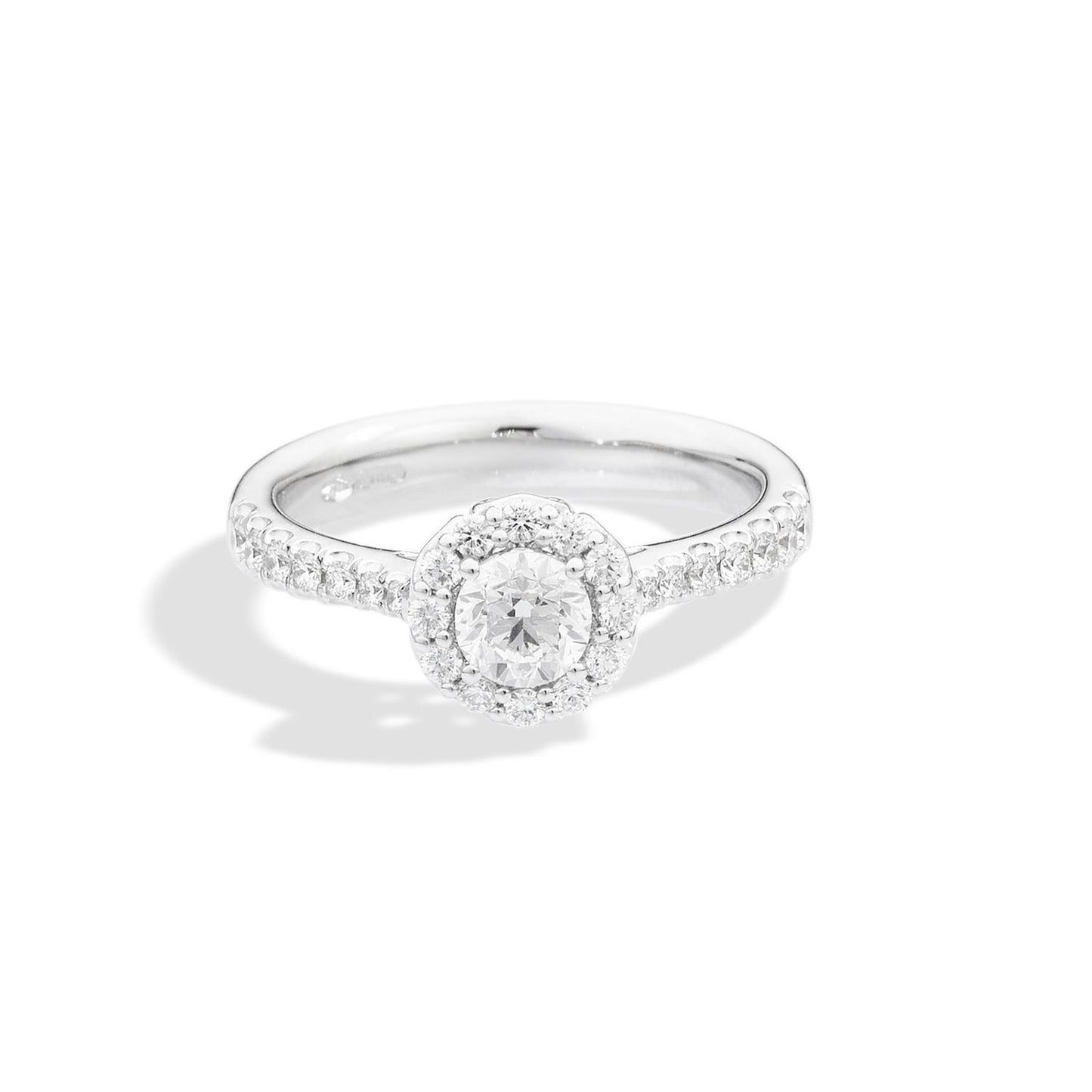 ANELLI RECARLO MOD. R01SC018_063-13 diamond halo ring with pavé band on white background.