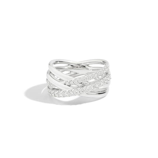 ANELLI RECARLO MOD. R81FL001_061-15 elegant silver ring with interwoven design and sparkling details on white background.