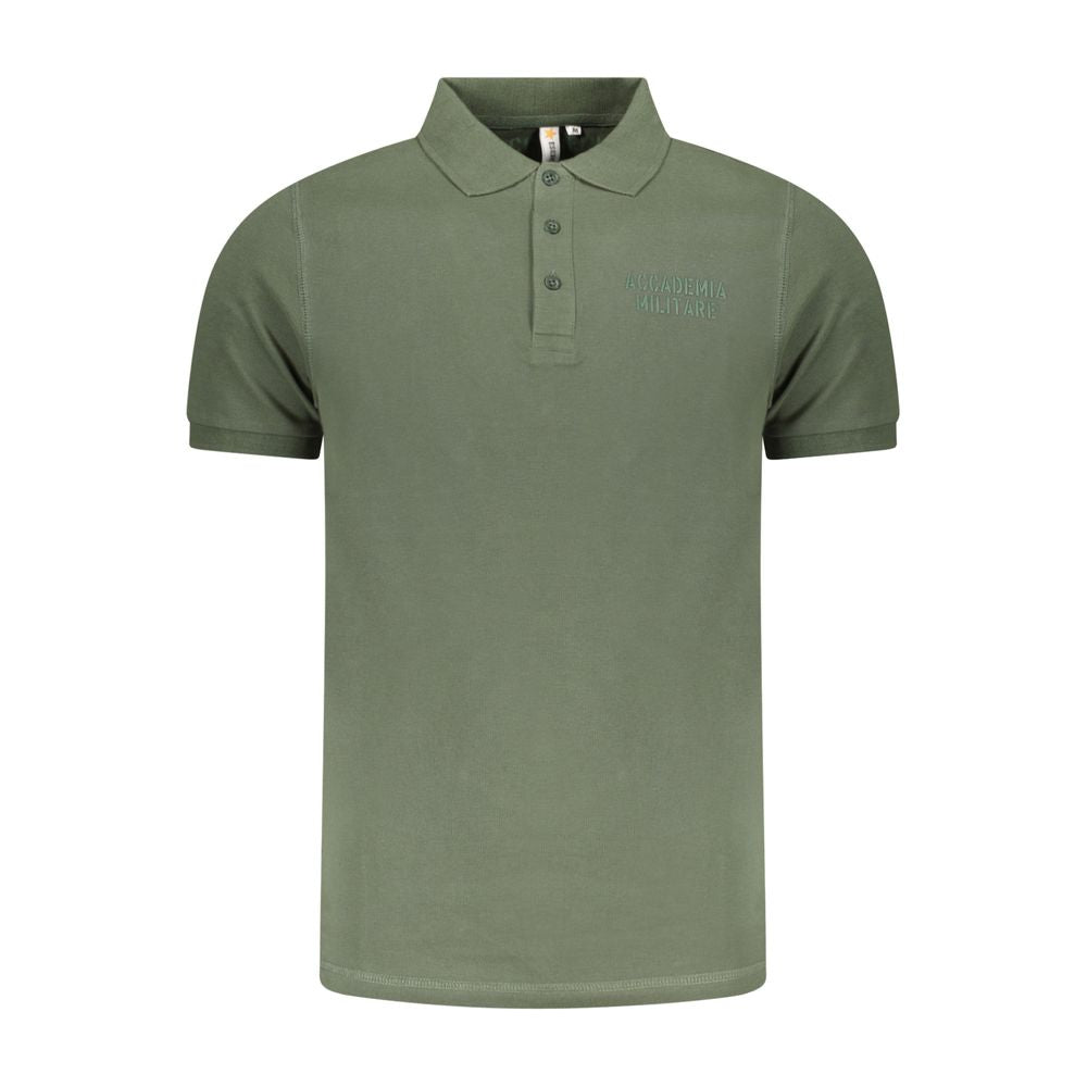 Accademia Militare Green Cotton Polo Shirt, short sleeve, 3 buttons, logo print, military academy style.