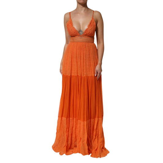 Alberta Ferretti Orange Lace Bustier Layered Maxi Dress with plunging neckline and flowing skirt, minor defect on back.