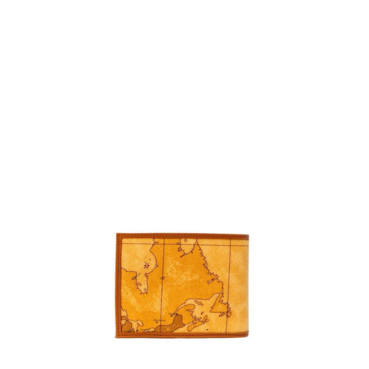 Alviero Martini Prima Classe Beige Polyethylene Wallet with Geo Classic print map design, featuring multiple compartments, front view.