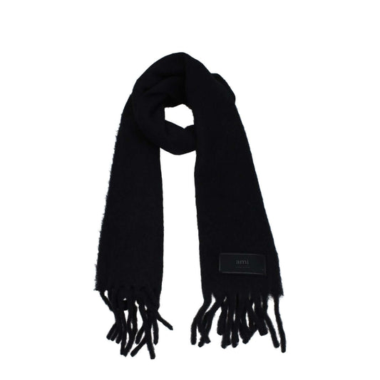 Ami Paris Black Leather Scarf with fringes and side logo, made of alpaca polyamide blend, measuring 38x200 cm, casual style accessory.