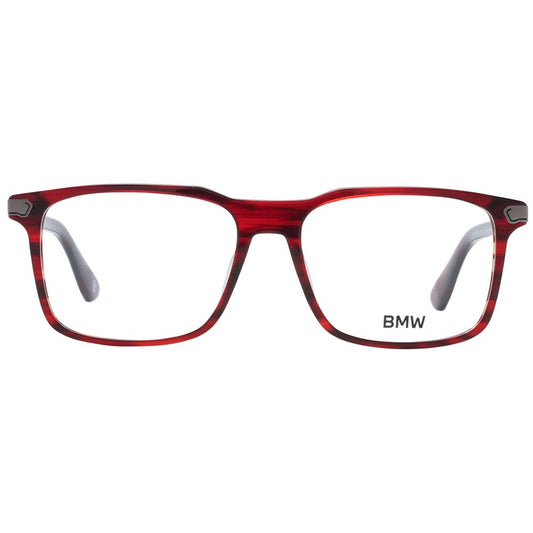 BMW Red Men Glasses Frame, full-rim plastic rectangle style with 55mm lens width, red color, includes branded case.