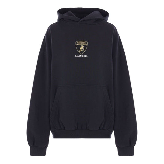 Balenciaga Sweaters Black with Lamborghini Shield, kangaroo pocket, long sleeves, ribbed trims, cotton jersey hoodie.
