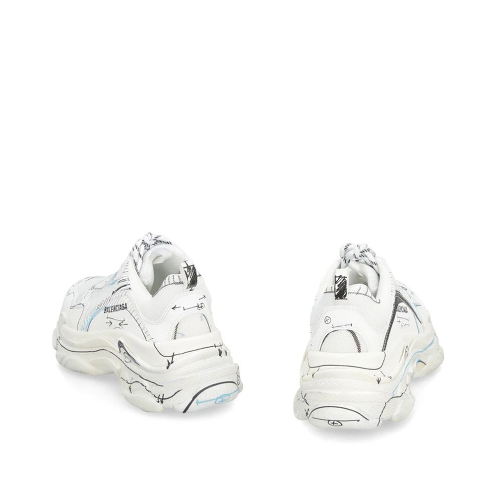 Rear view of Balenciaga Triple S Sneakers in black calf leather with all-over logo detail, featuring a rubber sole and lace-up closure.