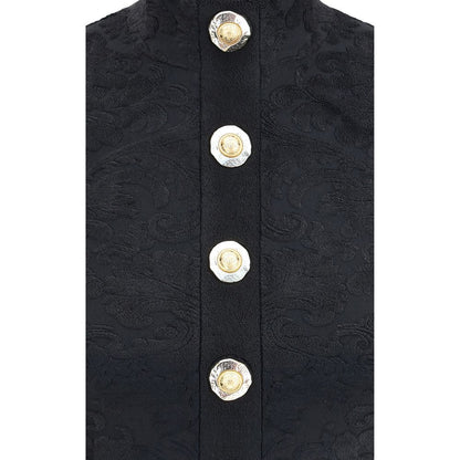 Balmain Black Viscose Top with gold coin buttons and baroque pattern, showcasing elegant design features and Balmain branding details.