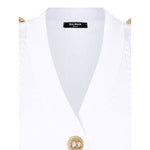 Balmain Button-Trim Cable-Knit Cardigan with V-neck detail and gold button accents on a white ribbed knit fabric