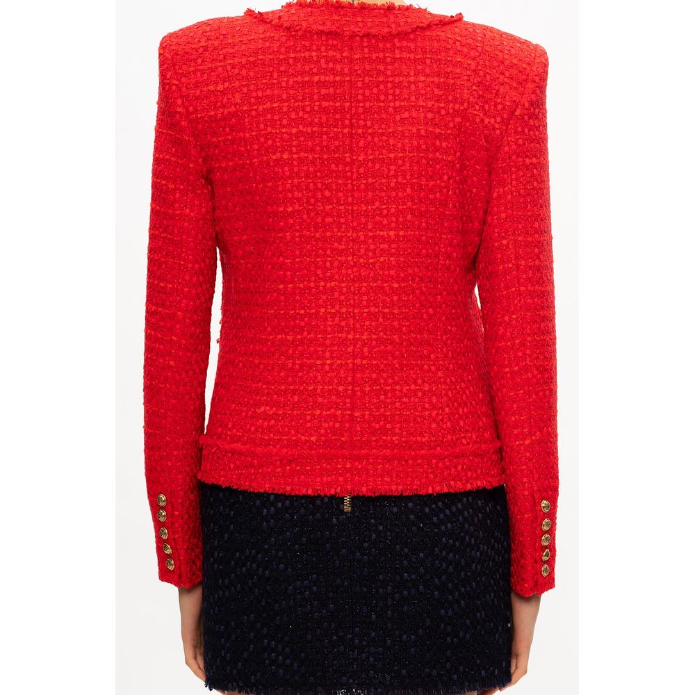 Balmain Red Nylon Suits & Blazer featuring wool-viscose blend jacket with gold button pockets and raw-cut collar, back view.