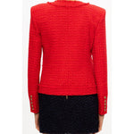 Balmain Red Nylon Suits & Blazer featuring wool-viscose blend jacket with gold button pockets and raw-cut collar, back view.