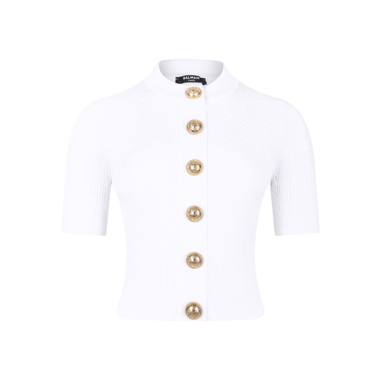 Balmain Ribbed buttoned top in white with gold buttons, short sleeves, crewneck, and ribbed knit design.