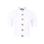 Balmain Ribbed buttoned top in white with gold buttons, short sleeves, crewneck, and ribbed knit design.