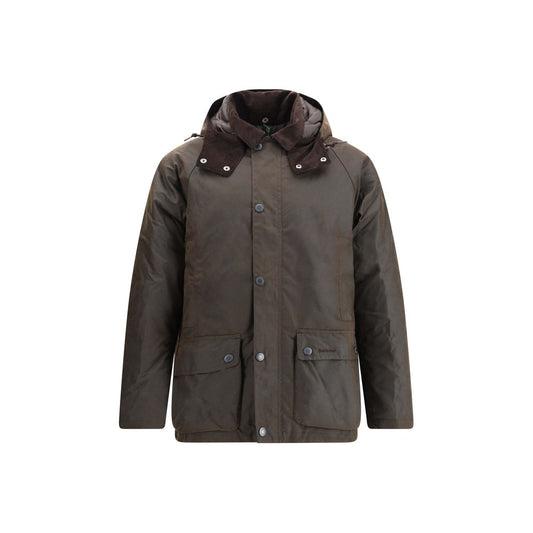 Barbour Brown Cotton Rain Coat with drawstring hood and corduroy collar, featuring front zipper and snap closure for AW25 season.