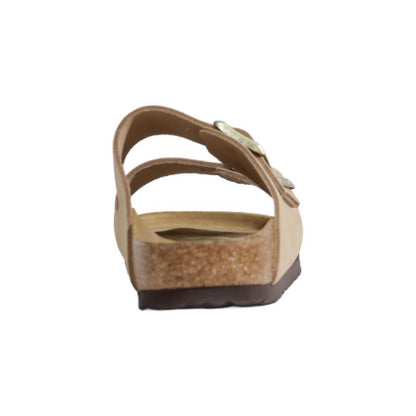 Rear view of Birkenstock Beige Nubuc Leather Sandal with cork footbed and adjustable straps.