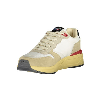 Blauer Beige Polyester Men Sneaker with leather and polyethylene accents, featuring the prominent Blauer logo on the beige backdrop.