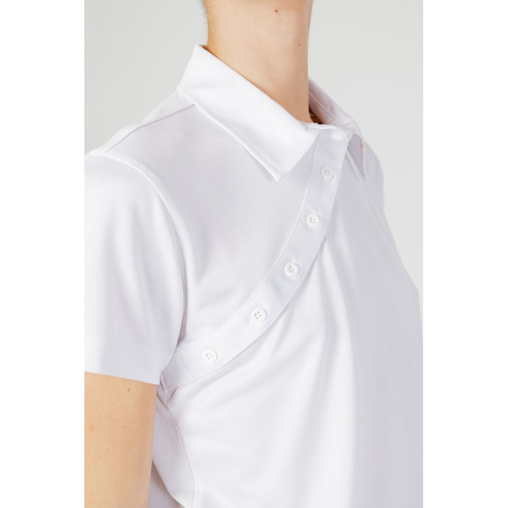 Close-up of Blauer White Polyester T-Shirt featuring classic collar and button detail, highlighting modern comfort and elegant design.