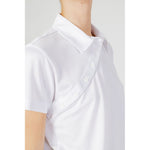 Close-up of Blauer White Polyester T-Shirt featuring classic collar and button detail, highlighting modern comfort and elegant design.