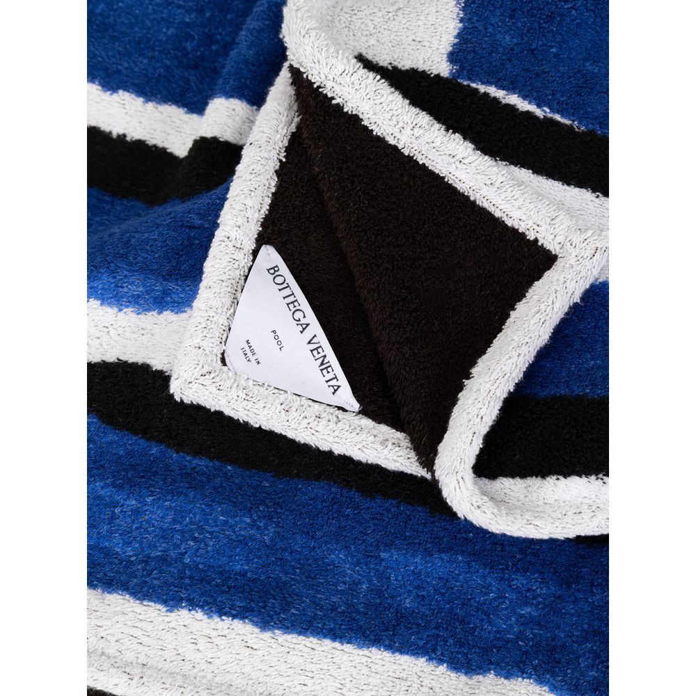 Bottega Veneta Blue Cotton Beach Towel with black and white stripes and logo tag displayed.