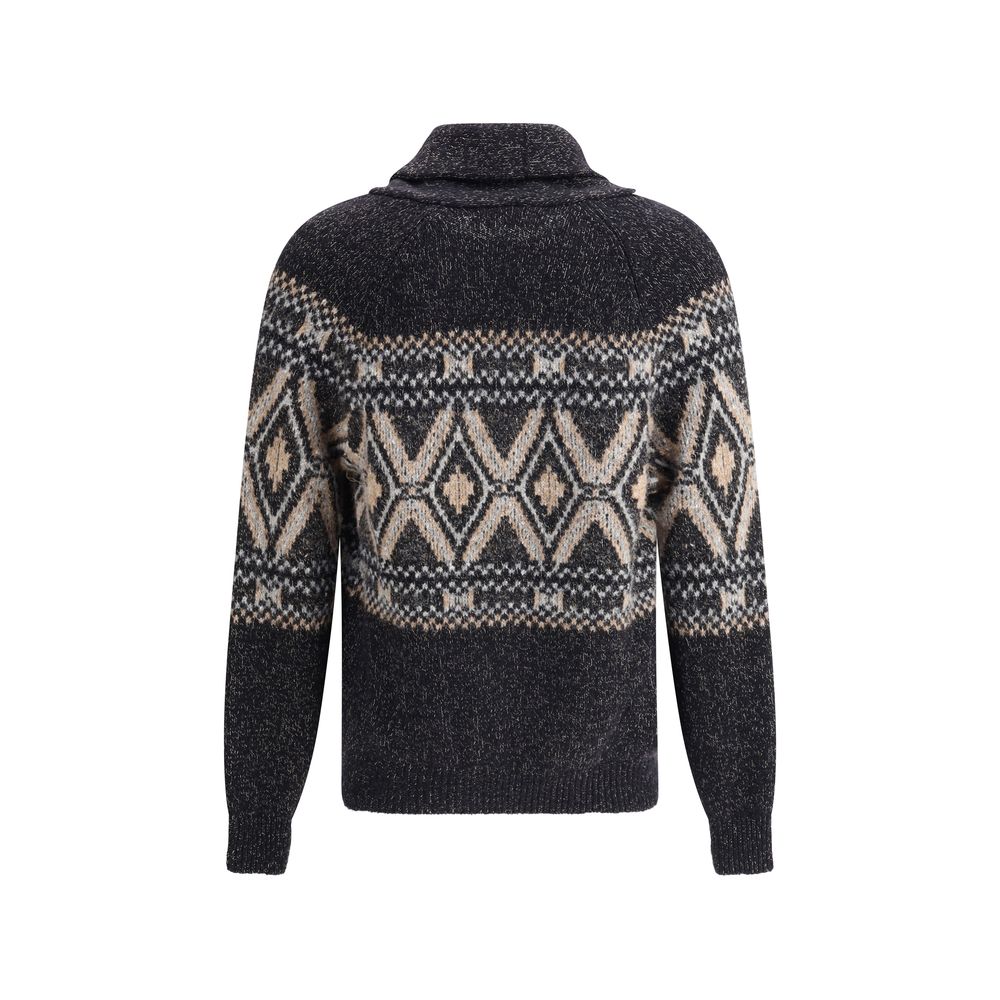 Back view of Brunello Cucinelli Black Fleece Wool Sweatshirt with diamond-patterned knit and ribbed cuffs.