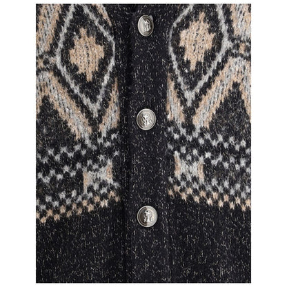 Close-up of Brunello Cucinelli Black Fleece Wool Sweatshirt with diamond-patterned knit and grooved button details.