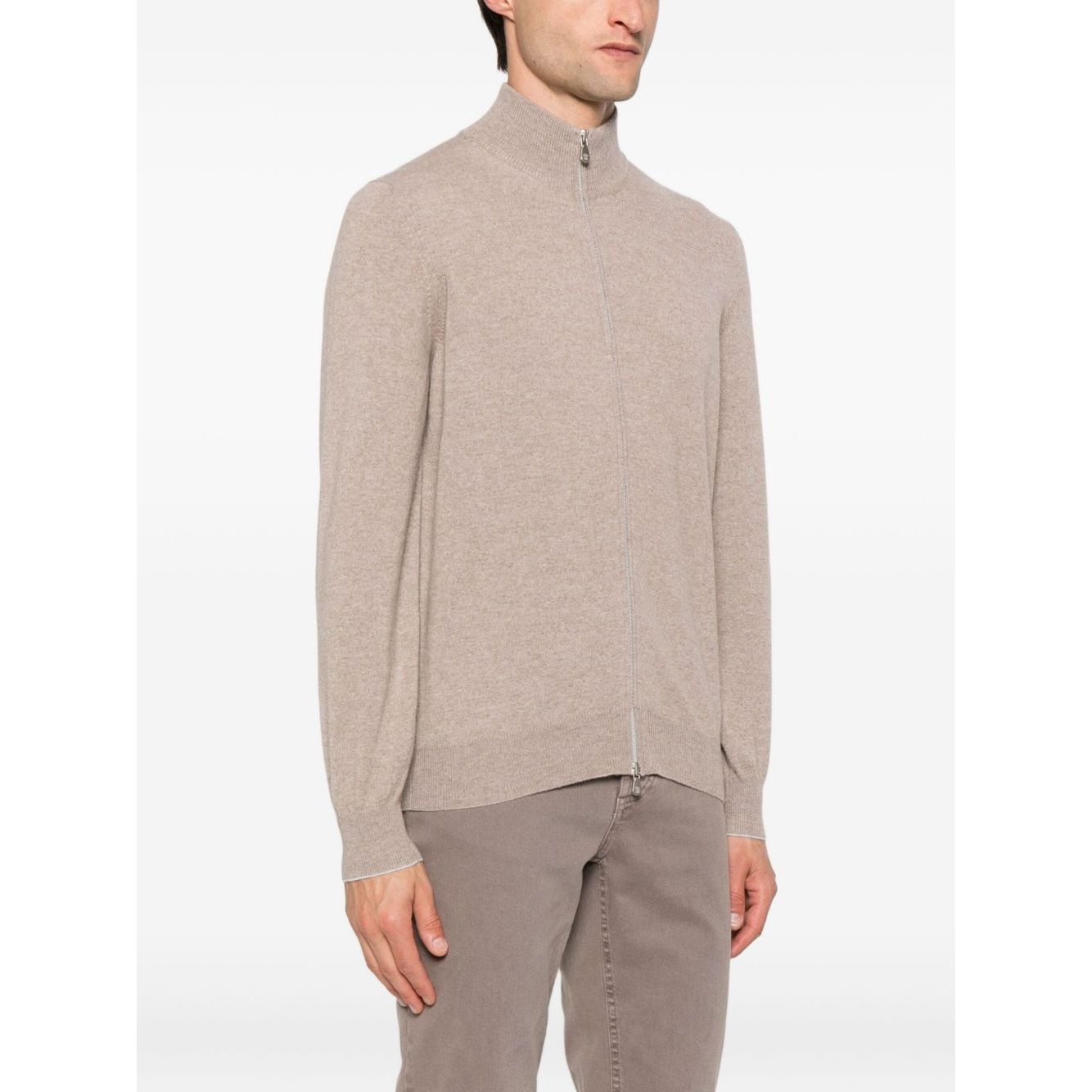 Brunello Cucinelli Cashmere Zipped Cardigan in brown with high neck and ribbed cuffs, displayed on a mannequin against a white background.