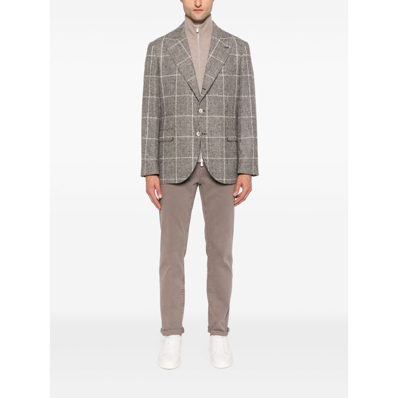 Men's checkered blazer and trousers with Brunello Cucinelli Cashmere Zipped Cardigan underneath, showcasing elegant Italian fashion.