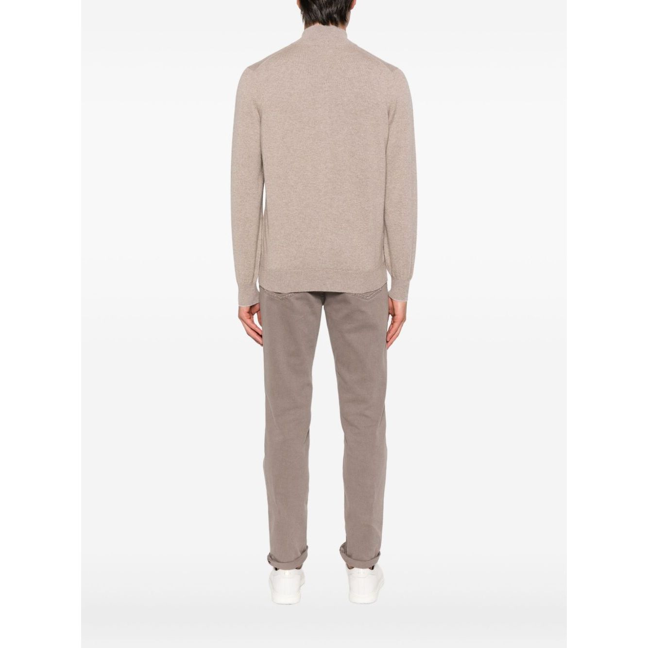 Back view of Brunello Cucinelli Cashmere Zipped Cardigan in brown with high neck and long sleeves, worn by a model.