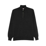 Brunello Cucinelli Cashmere sweater with grey half front zip, long sleeves, ribbed cuffs, high-neck, and curved hem.