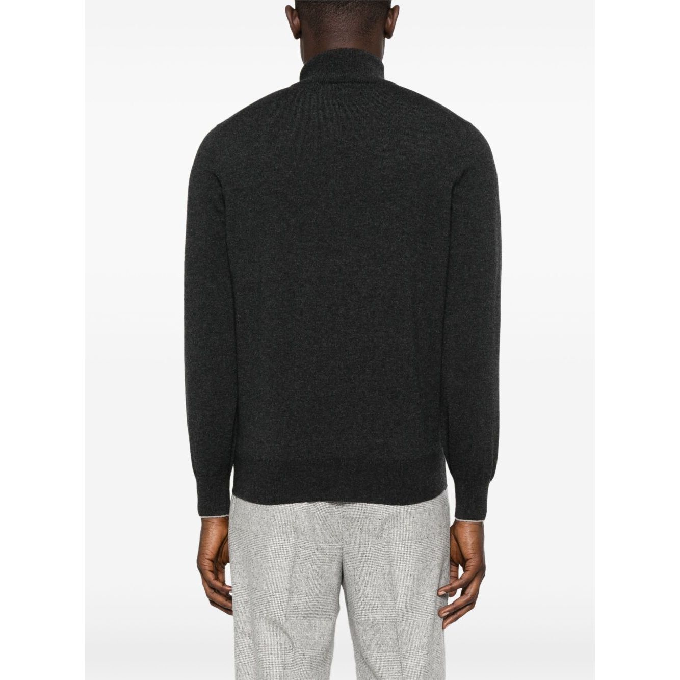 Back view of a grey Brunello Cucinelli Cashmere sweater with high-neck, long sleeves, ribbed cuffs, hem, and curved design.