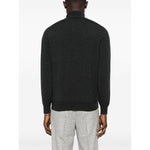 Back view of a grey Brunello Cucinelli Cashmere sweater with high-neck, long sleeves, ribbed cuffs, hem, and curved design.