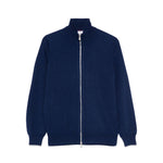 Brunello Cucinelli Cashmere zip-up sweatshirt in blue with front zip fastening, long sleeves, ribbed cuffs, and straight hem.