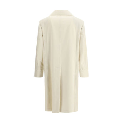 Back view of Brunello Cucinelli Cream Cashmere Coat showcasing tailored details and classic lapel collar.