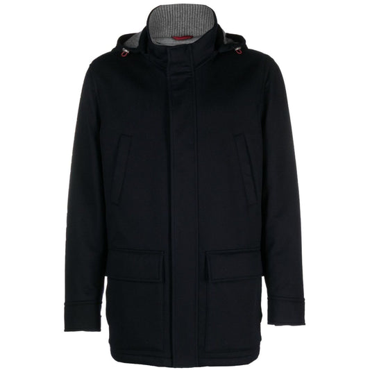 Brunello Cucinelli Detachable hood padded coat in midnight blue cashmere with stand-up collar and belted cuffs, front view.