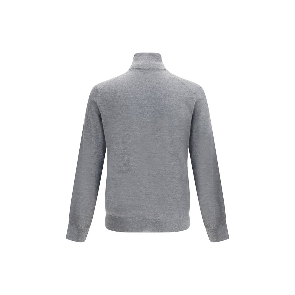 Back view of Brunello Cucinelli Gray Cashmere Cashmere Sweater, showcasing high collar and ribbed cuffs, crafted from premium cashmere.