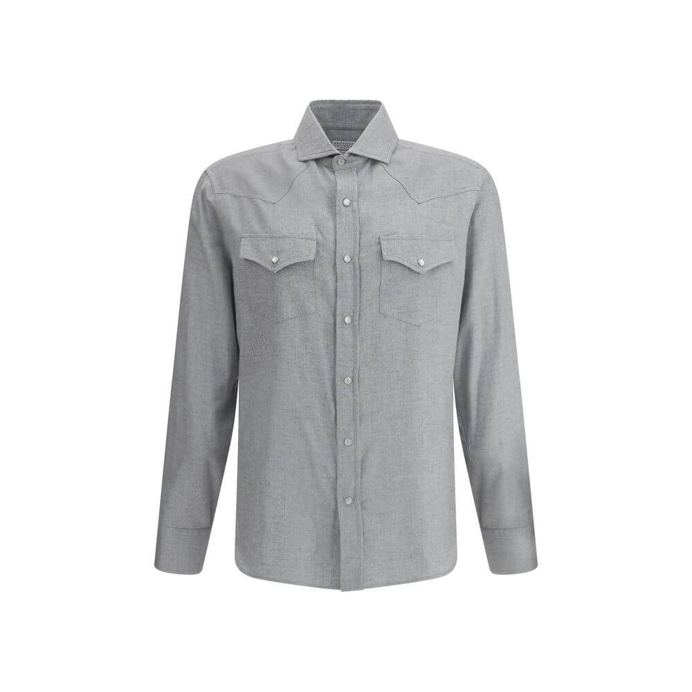 Brunello Cucinelli Gray Cotton Pattern Shirt with classic collar and patch flap pockets, featuring snap-button closure and adjustable cuffs.