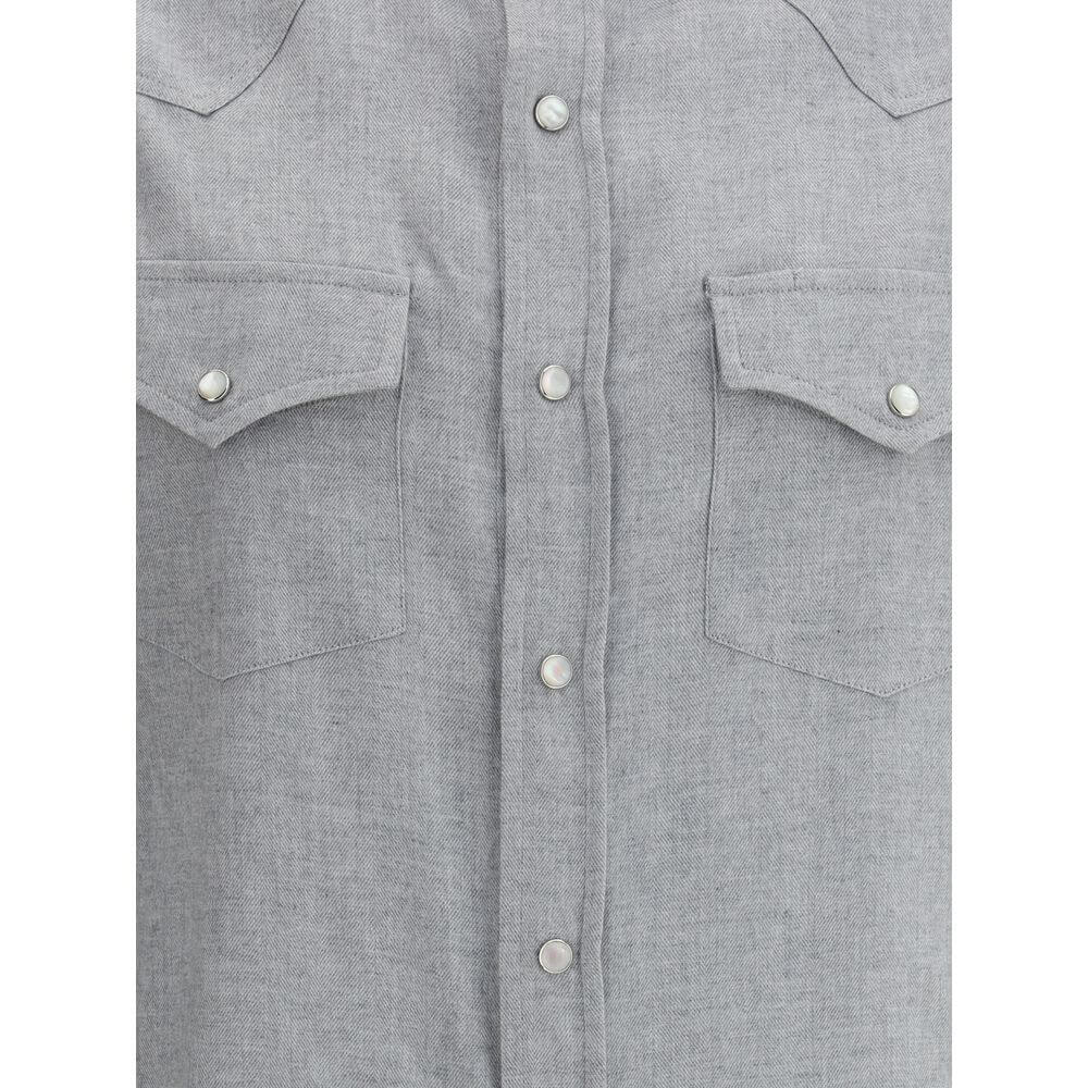 Brunello Cucinelli Gray Cotton Pattern Shirt with patch flap pockets and front snap-button closure for modern elegance.