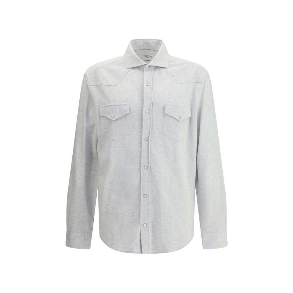 Alt Tag: Brunello Cucinelli Gray Cotton Shirt, knit style with snap buttons, classic collar, and front patch pockets, elegant and comfortable.