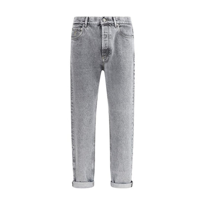 Brunello Cucinelli Gray Cotton Straight-Leg Jeans with high-waisted fit and elegant style for AW25 season, 100% cotton design.