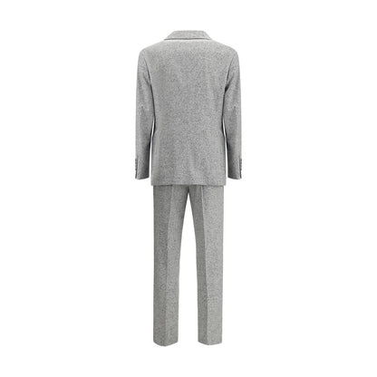 Brunello Cucinelli Gray Wool Two-Piece Suit with metal button closure, peaked lapels, and patch pockets for refined elegance.