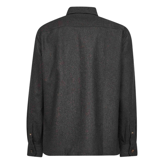Back view of Brunello Cucinelli Long-sleeve flannel overshirt in brown with buttoned cuffs and polo collar.