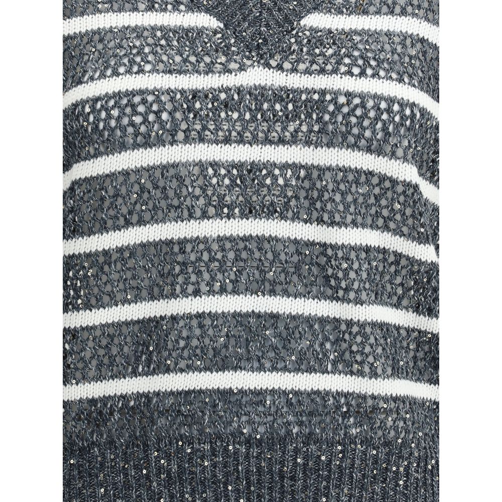 Brunello Cucinelli Striped Vest with V-neckline, ribbed hems, and micro sequin embellishments in a loose weave pattern for AW25 season.