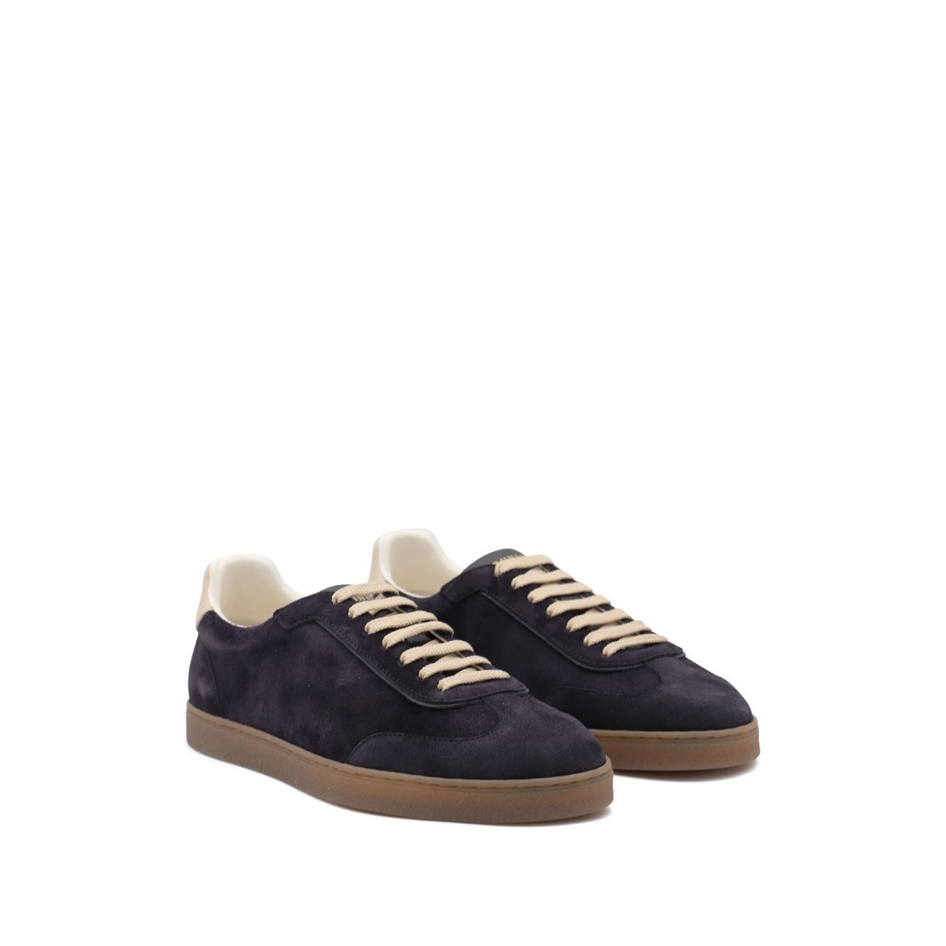Brunello Cucinelli Suede sneakers, dark blue suede upper, leather detail, flat laces, rubber sole, round toe.