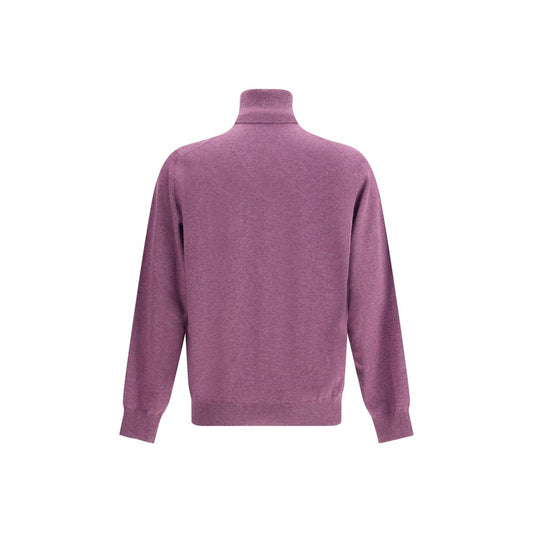 Rear view of a Brunello Cucinelli Turtleneck Sweater in pink cashmere with ribbed cuffs and hem, showcasing its elegant design and fit.