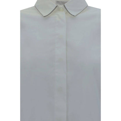 Brunello Cucinelli White Cotton Dress Shirt with classic collar and elegant design, showcasing luxury craftsmanship and high-quality poplin.