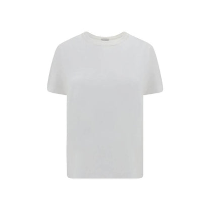 Brunello Cucinelli White Cotton T-Shirt with ribbed crew neck and jewel detail, perfect blend of elegance and comfort.