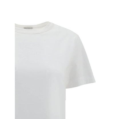 Brunello Cucinelli White Cotton T-Shirt with ribbed crew neck and jewel detail on back