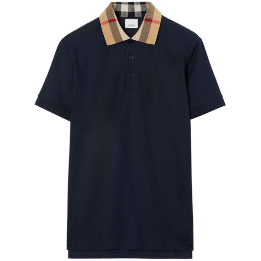 Burberry Cotton polo shirt with navy blue cotton jersey, Vintage Check collar, and front button placket.
