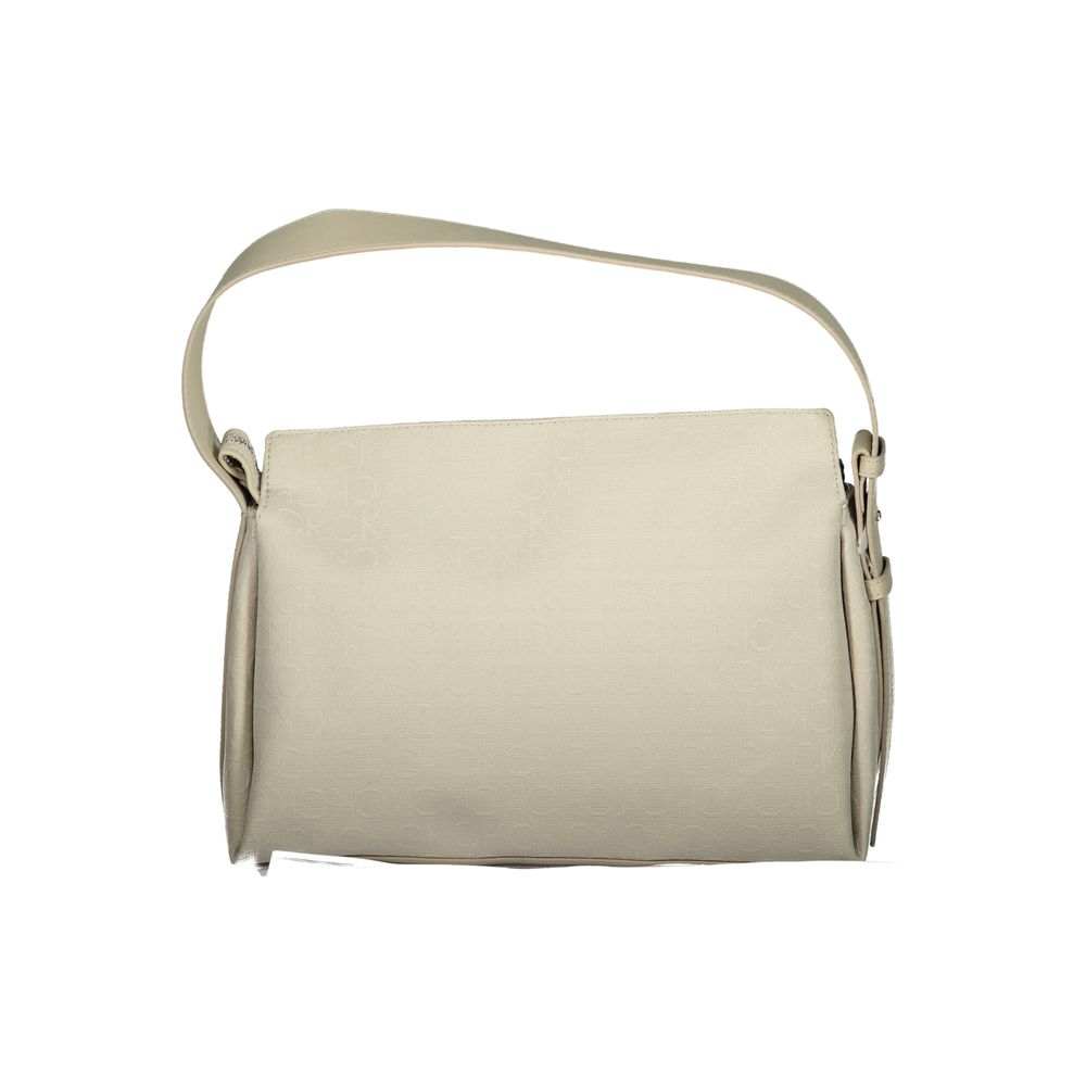 Calvin Klein Beige Polyester Handbag with adjustable shoulder, document pocket, and zip closure, featuring contrasting details and logo.