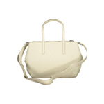 Calvin Klein Beige Polyester Handbag with two handles, adjustable shoulder strap, external pocket, and logo detailing.