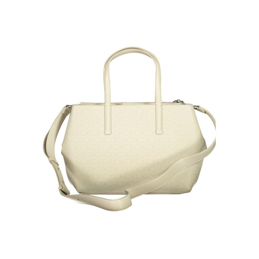 Calvin Klein Beige Polyester Handbag with two handles, adjustable shoulder strap, external pocket, and logo detailing.